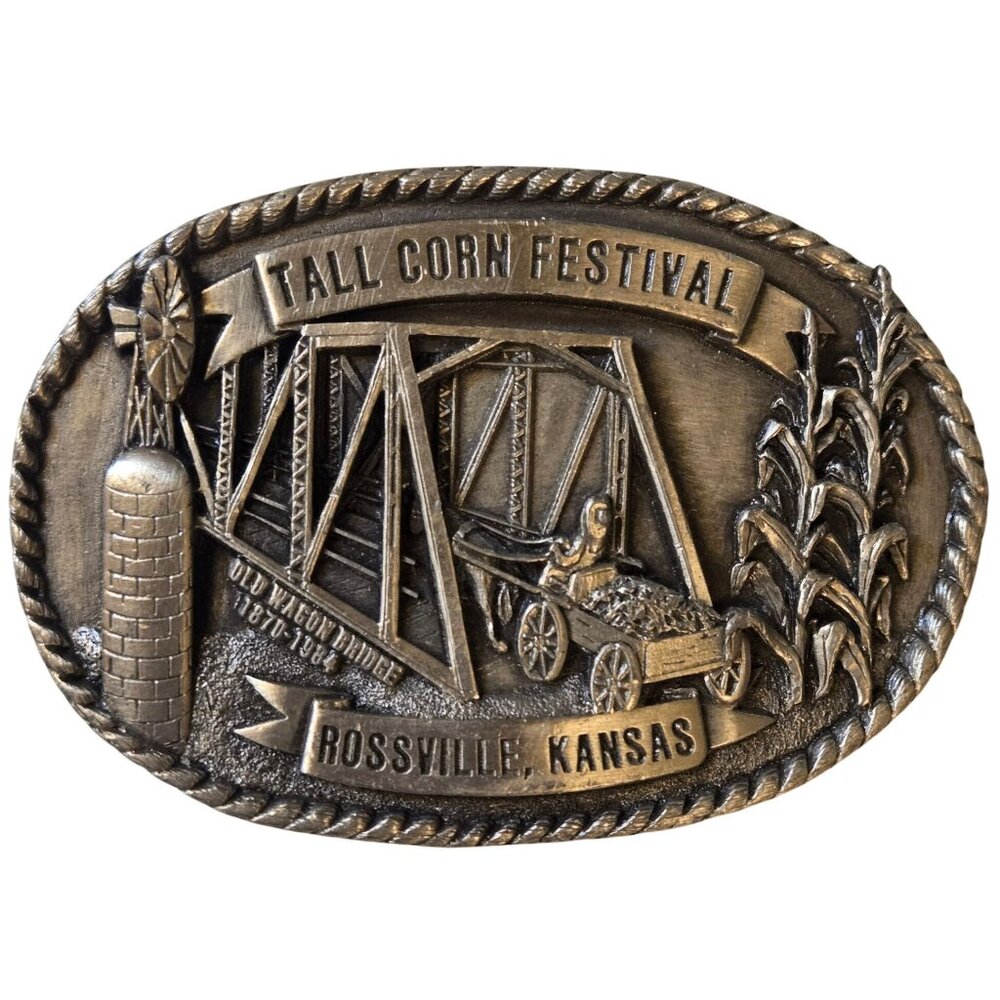 Rossville Kansas Belt Buckle Tall Corn Festival 1980s KS Old Wagon Bridge Vtg
